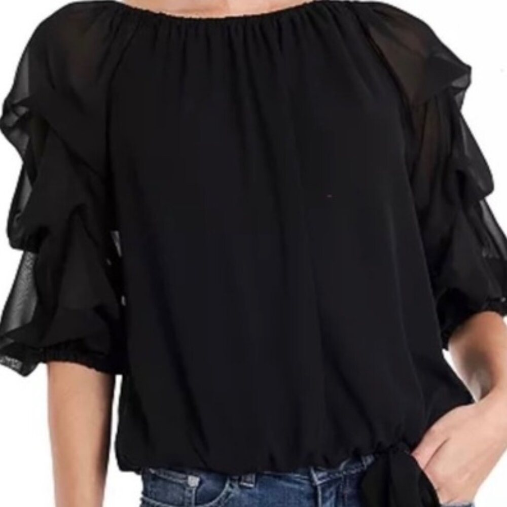 Blouse/top black chiffon /poly with tiered  3/4 arms M. Perfect condition.