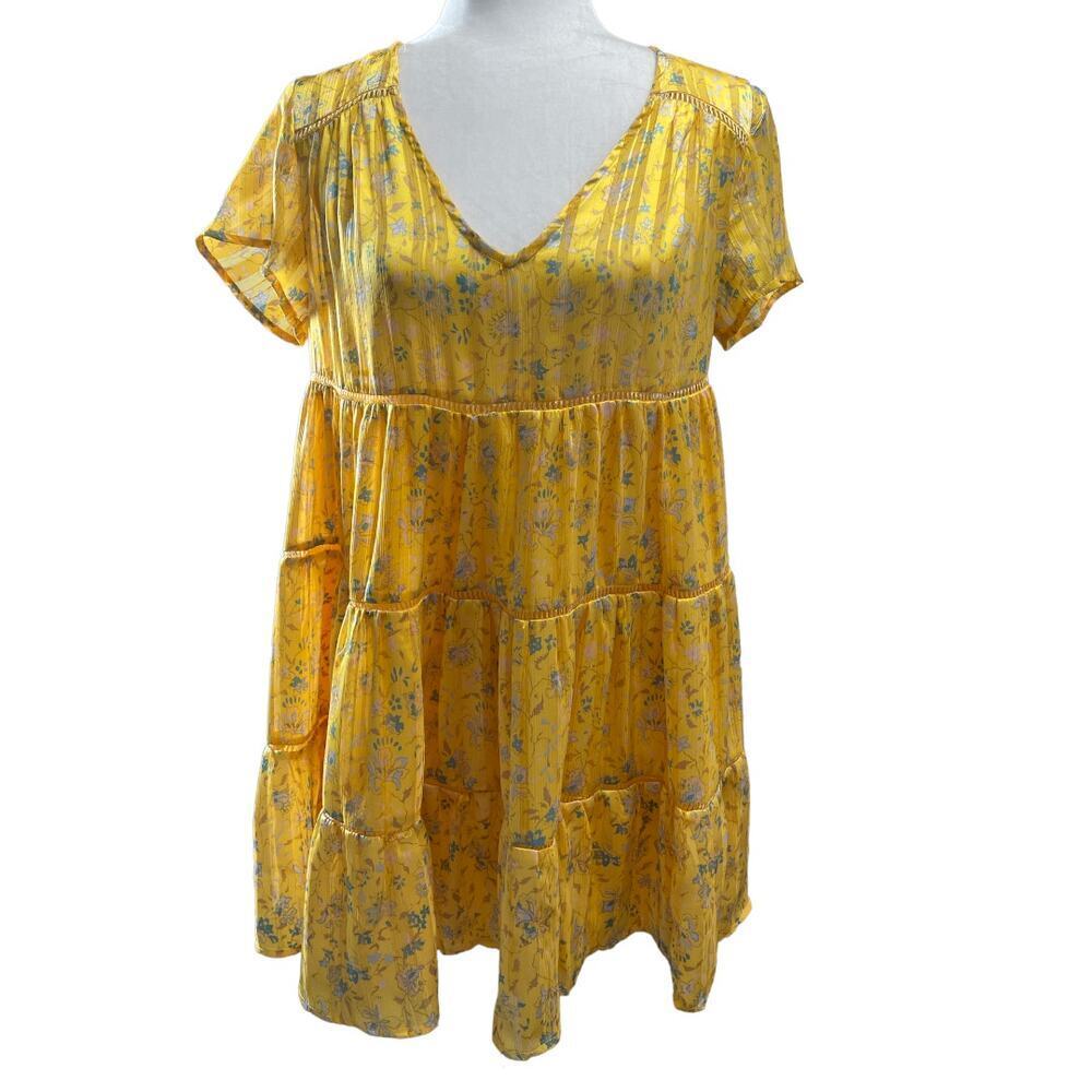 Urban Outfitters Women’s Pippa Chiffon Tiered Mini Dress Gold Floral Size Small
