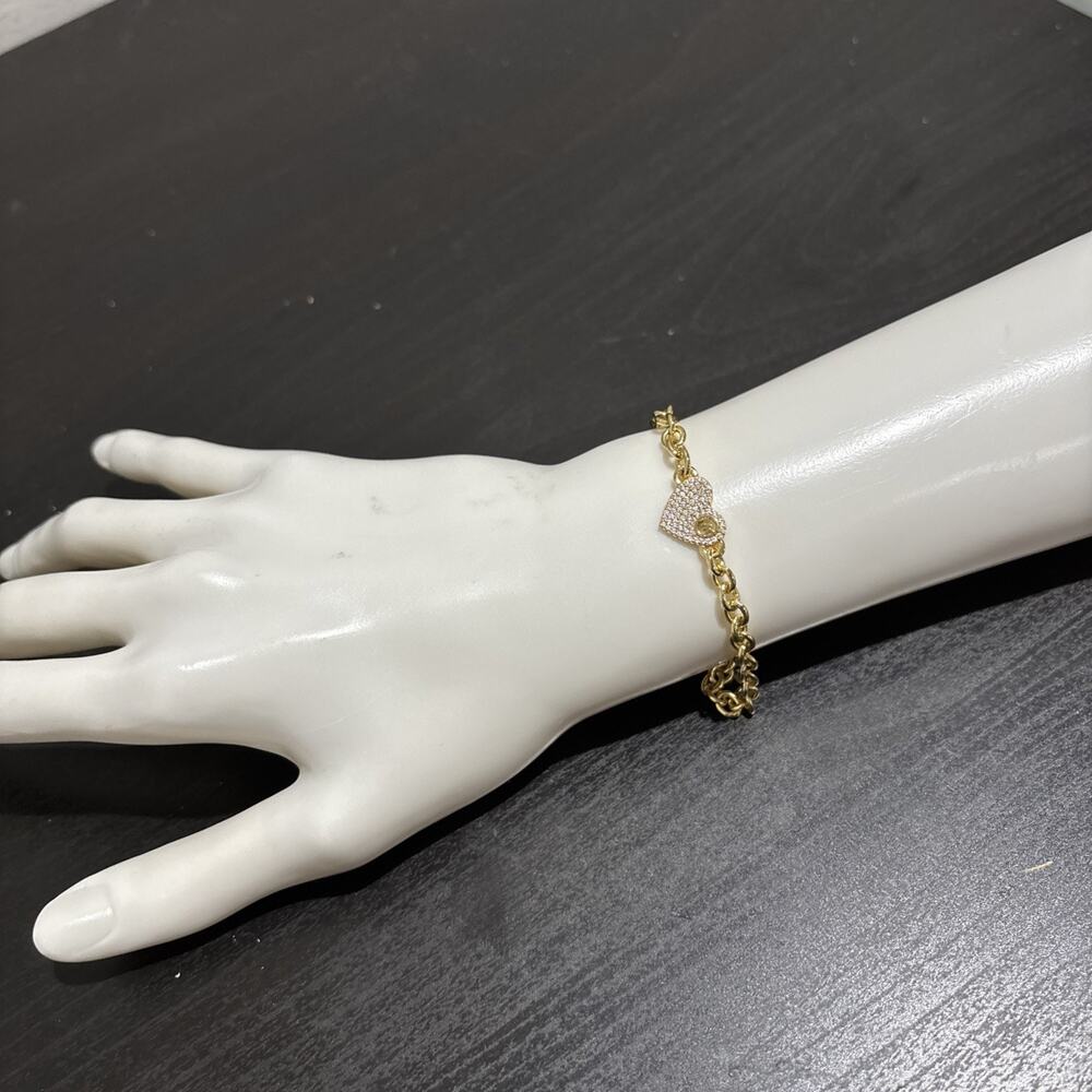 Michael Kors Gold Tone 925 Pave Heart Link MK Logo Sterling Silver Bracelet - Picture 2 of 9