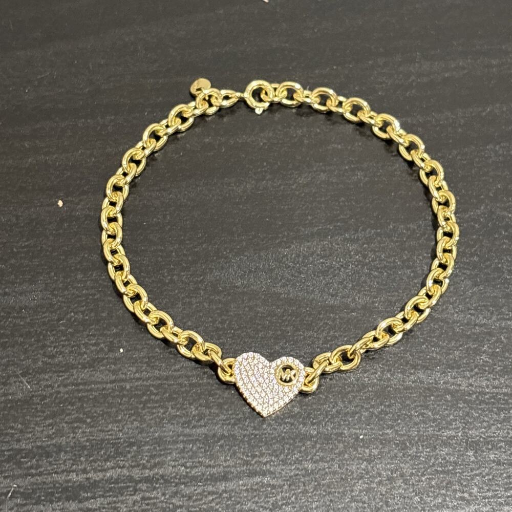 Michael Kors Gold Tone 925 Pave Heart Link MK Logo Sterling Silver Bracelet - Picture 4 of 9