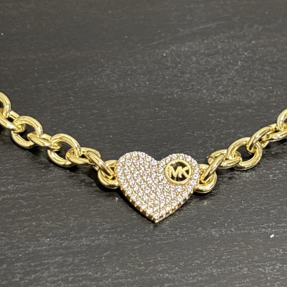 Michael Kors Gold Tone 925 Pave Heart Link MK Logo Sterling Silver Bracelet - Picture 5 of 9