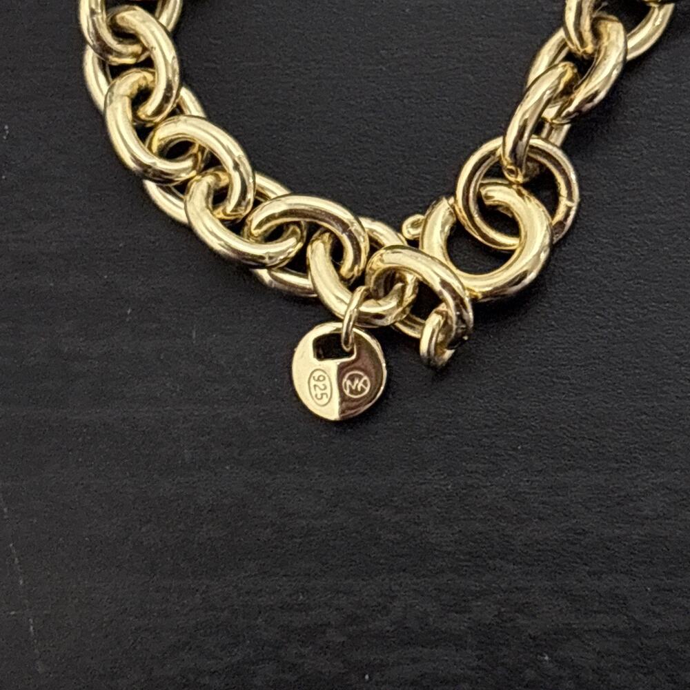 Michael Kors Gold Tone 925 Pave Heart Link MK Logo Sterling Silver Bracelet - Picture 8 of 9
