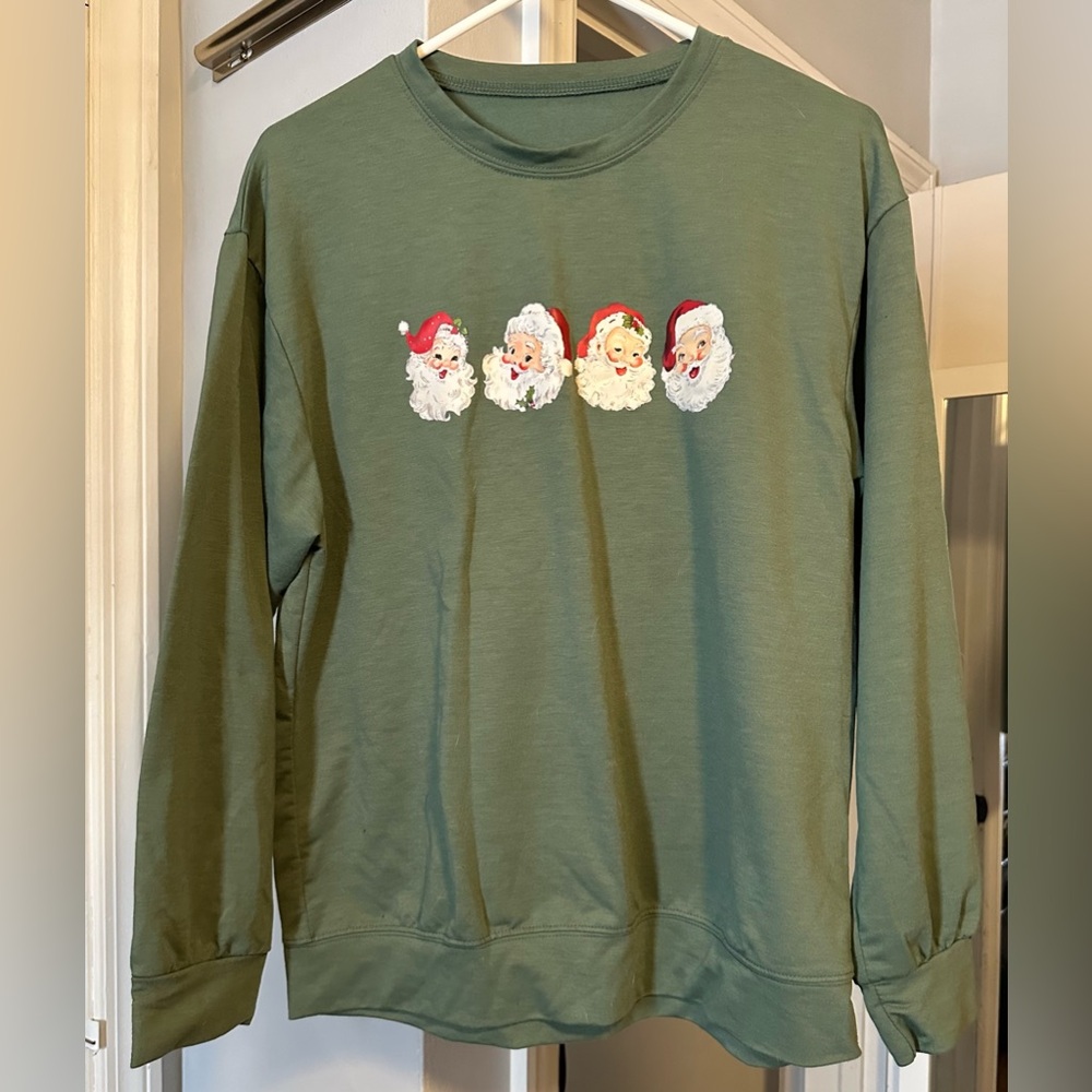 Green Long Sleeve Top with Santa Print
