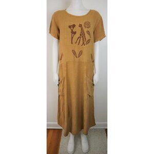 COUNTRY WEAR CASUALS - WOMEN'S TAN/GOLD MIDI BOHO DRESS - GIRAFFE - SIZE S