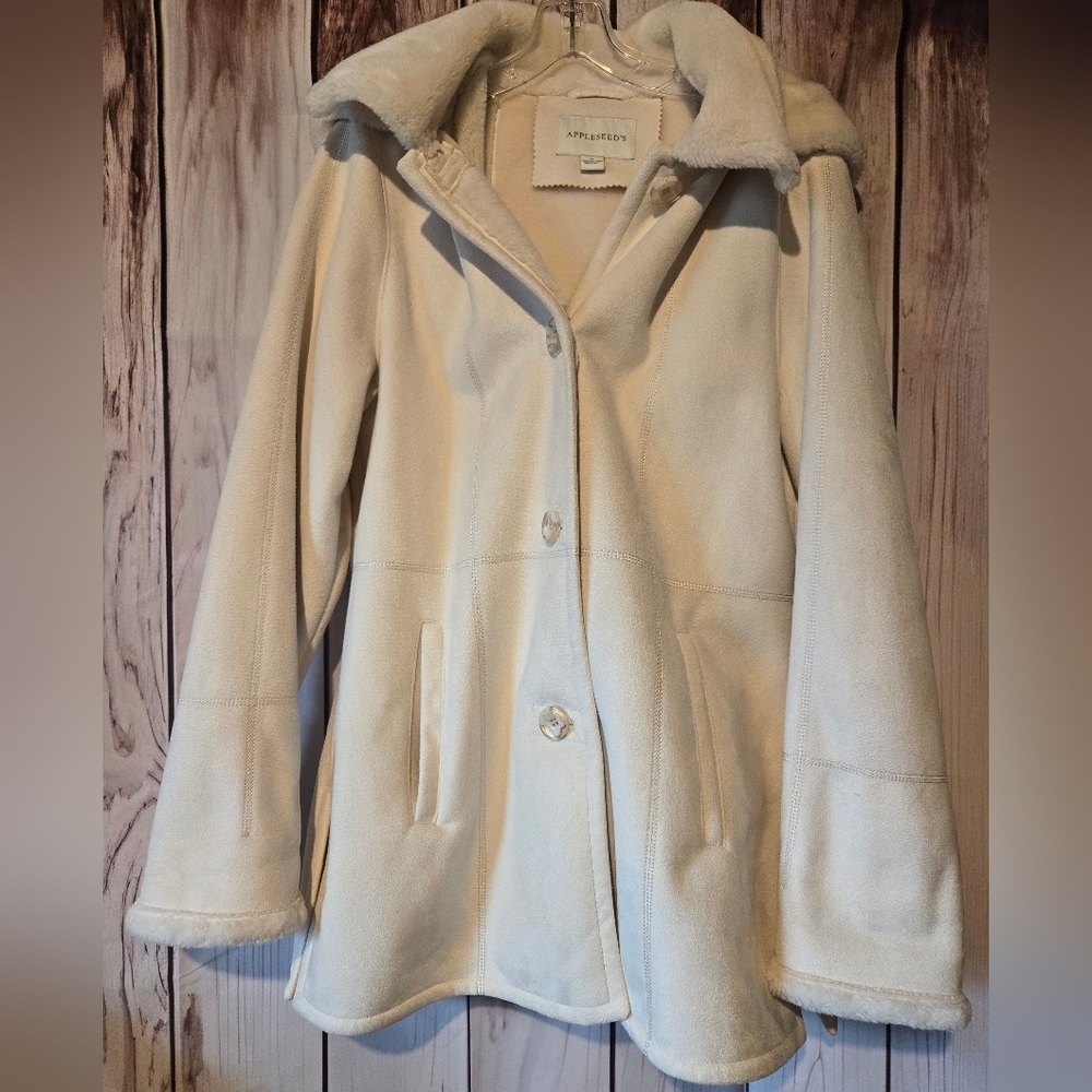 Appleseed's Classic Cream Suede Like Coat With Removable Hood Womens Medium