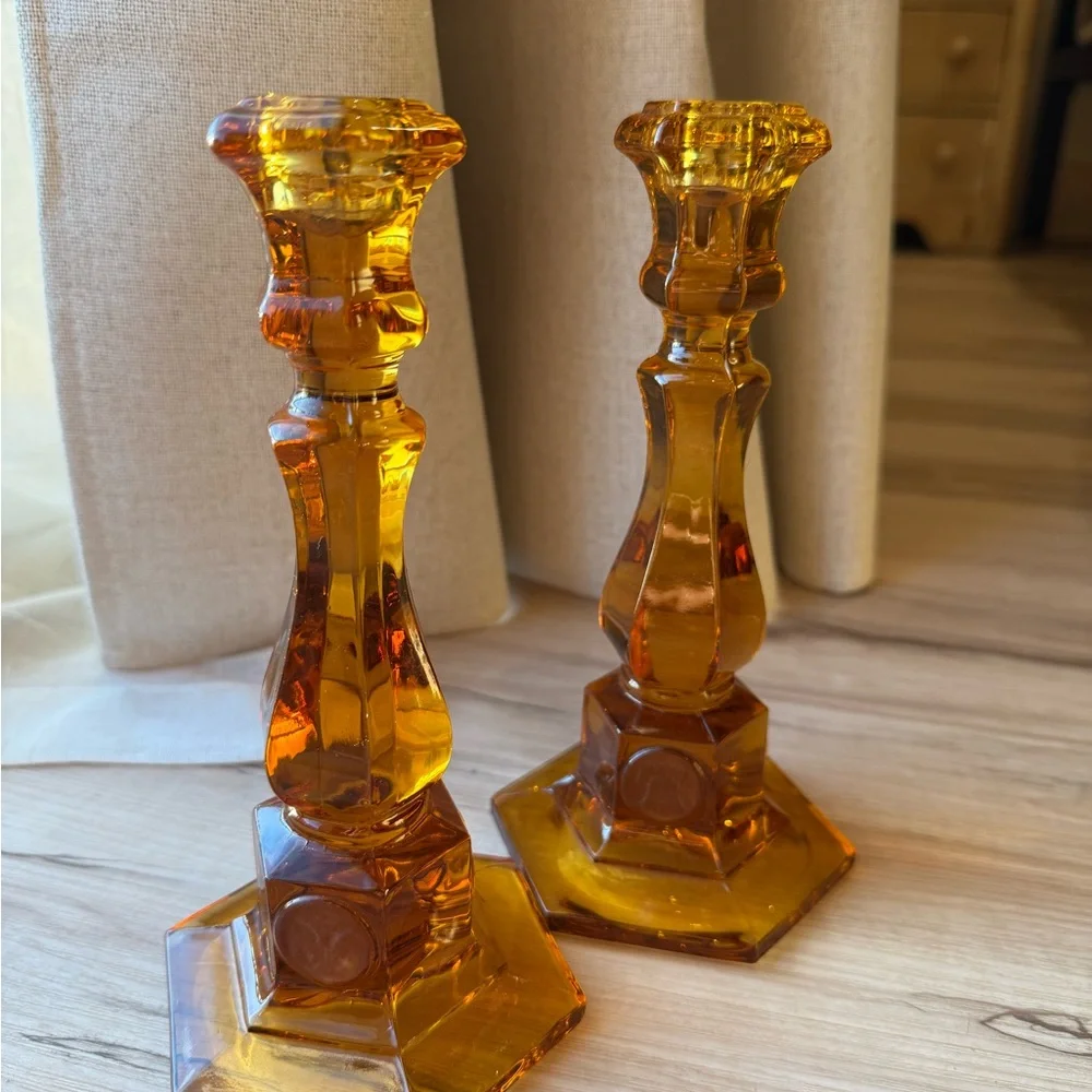 Vtg Glowing Amber 8" Tall FOSTORIA Coin Glass Candlestick Pair Candle Holders - Picture 1 of 5