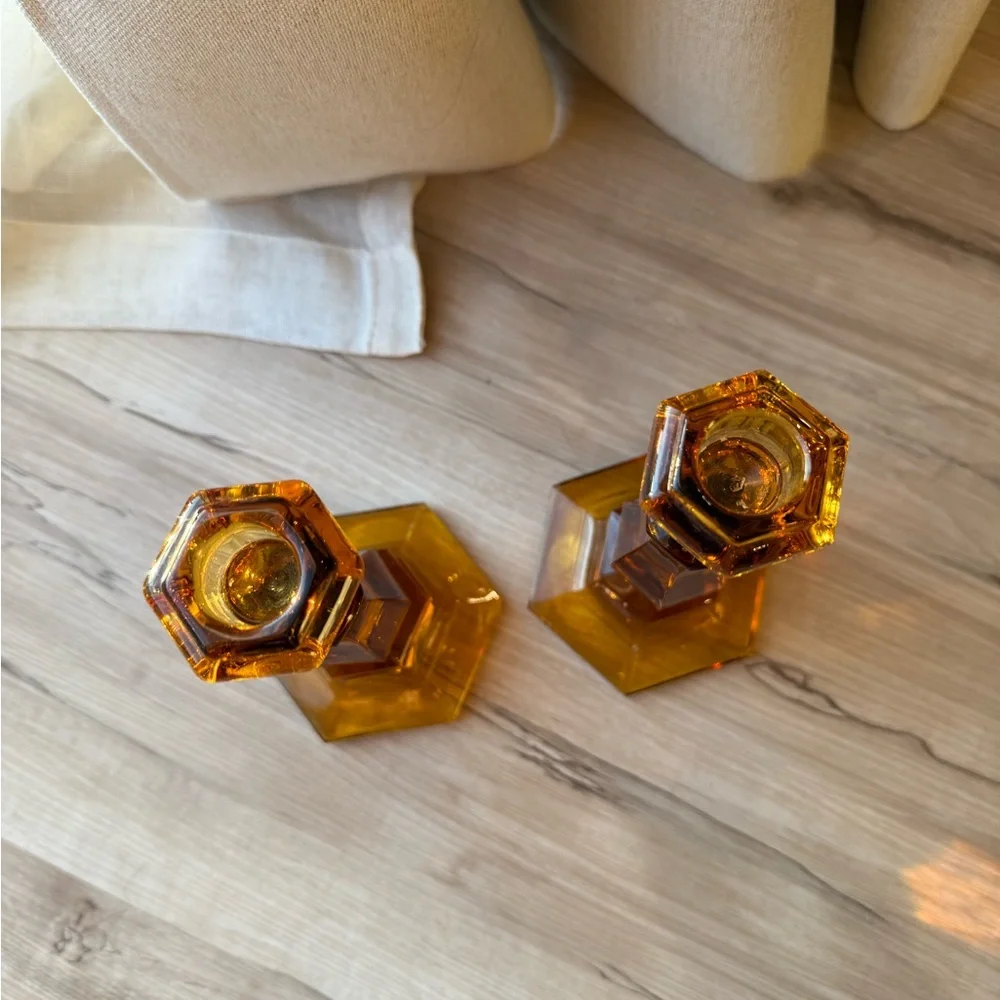 Vtg Glowing Amber 8" Tall FOSTORIA Coin Glass Candlestick Pair Candle Holders - Picture 3 of 5