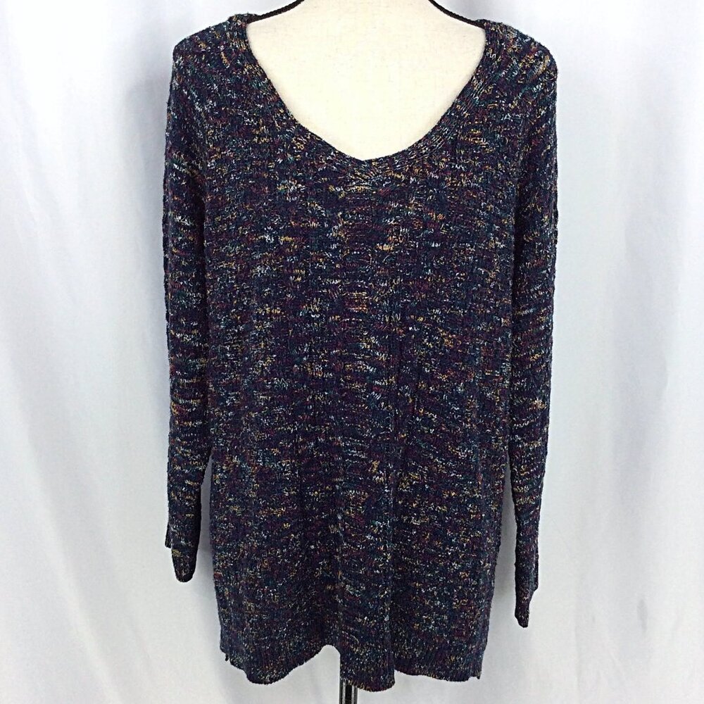 Retrology Women's Sweater Size XL Navy Blue Marled V-Neck Cable Knit