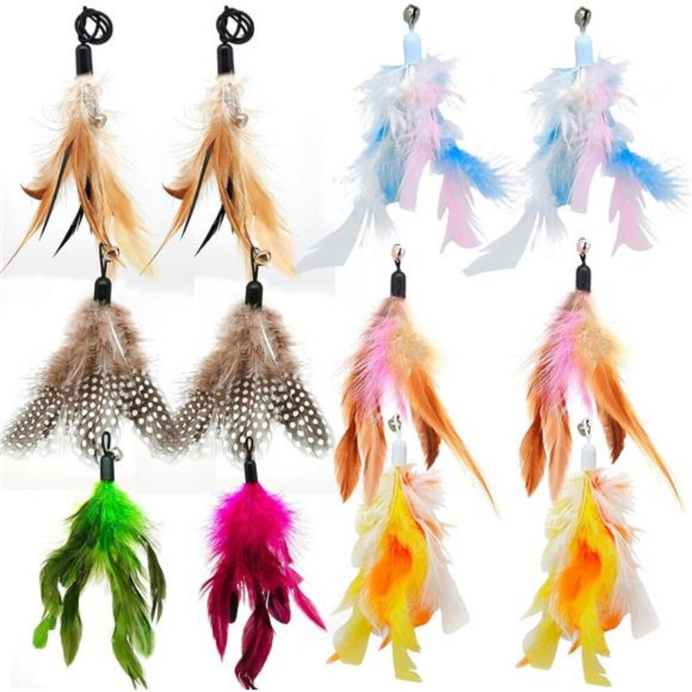 12 Pack Cat Wand Feather Toy Refills with Bells Natural Feather Replacement