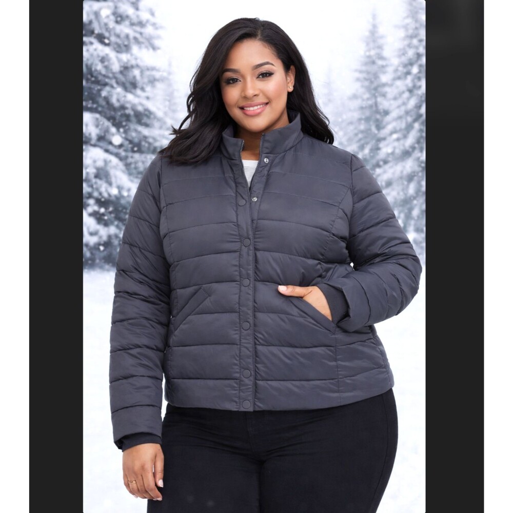 Torrid Puffer Jacket 3X Gray Quilted Zip Snap Weather Resistant Pockets Outdoor