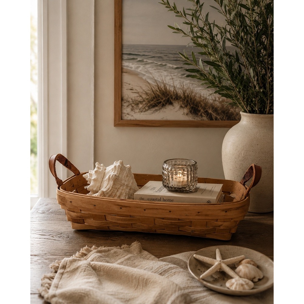 Longaberger Baskets Woven Wood Leather Handles Basket Organizer Storage