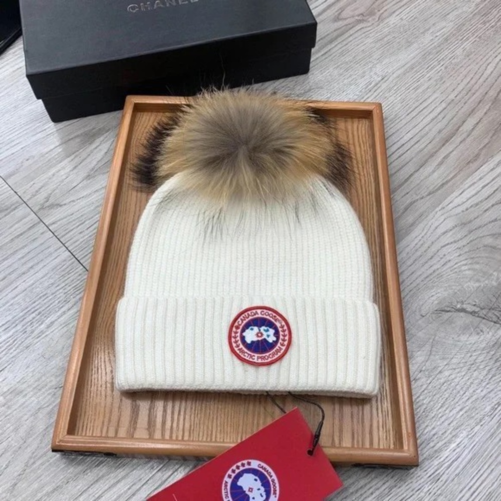 Canada Goose Ivory Beanie with Fur Pom-Pom