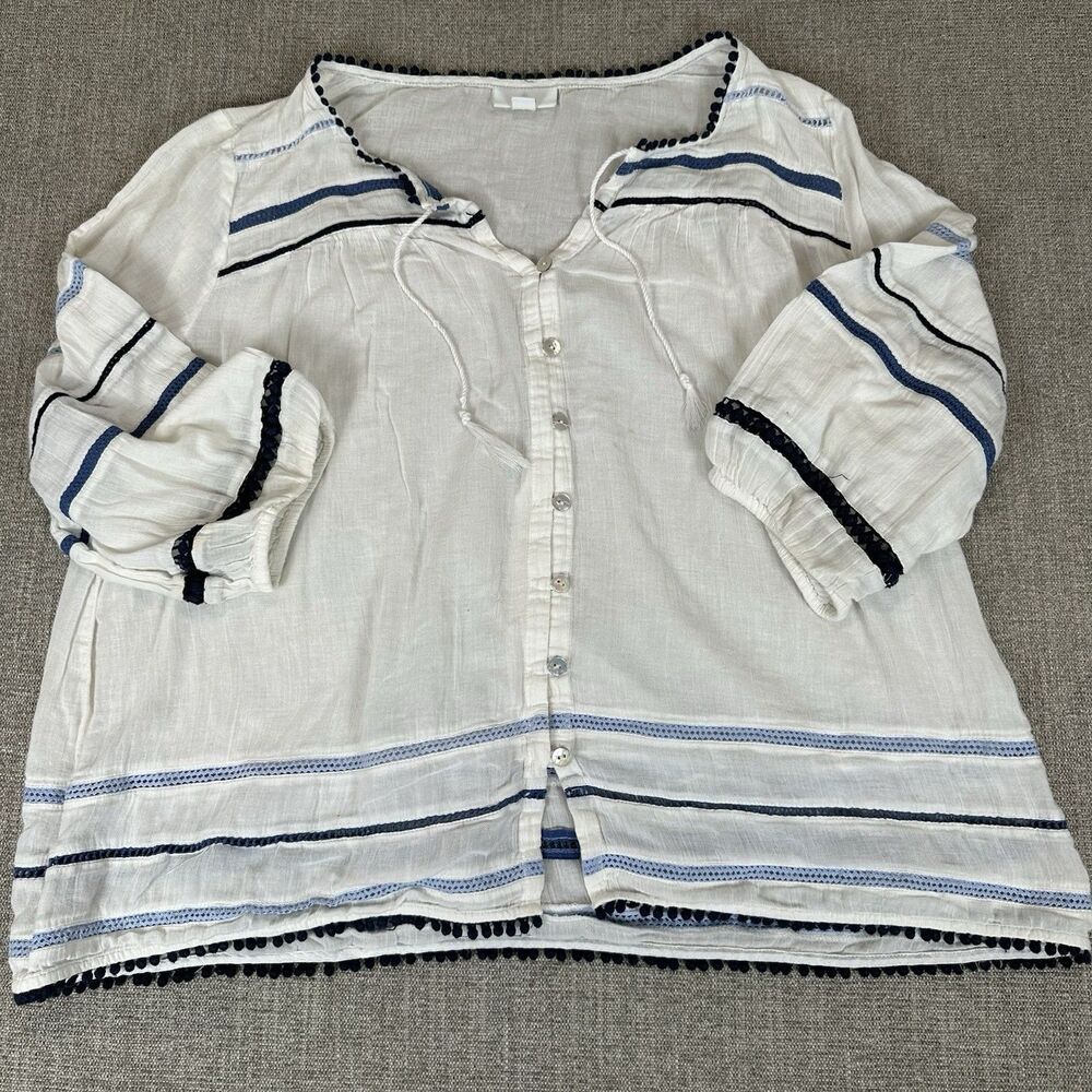 J. Jill Womens Petite Large White Embroidered Cotton Peasant Top Blouse Pearl