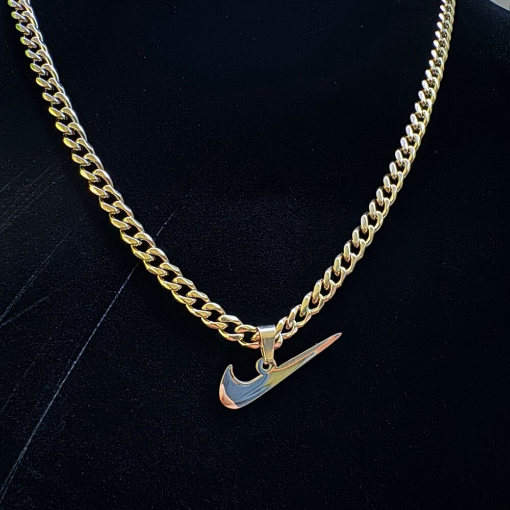 Nike Necklace - Nike Swoosh Pendant - 5mm Cuban - 22" Cuban Chain - Gold - Y2K