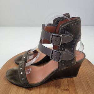 Coach Odessa Leather Suede Wedge 8.5 B Olive Green Buckle 2 Strap Heels‎