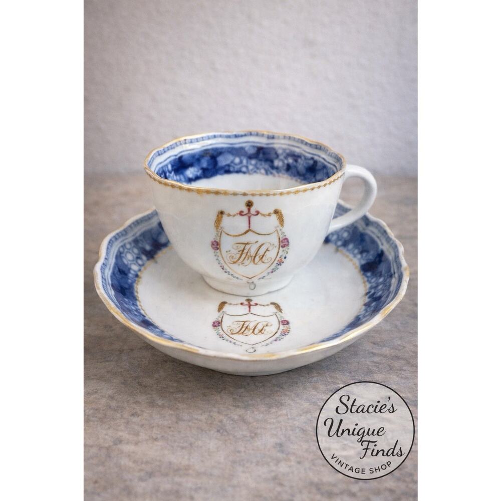 Antique Chinese Export Porcelain Teacup & Saucer 18th Century Blue Gold Trim