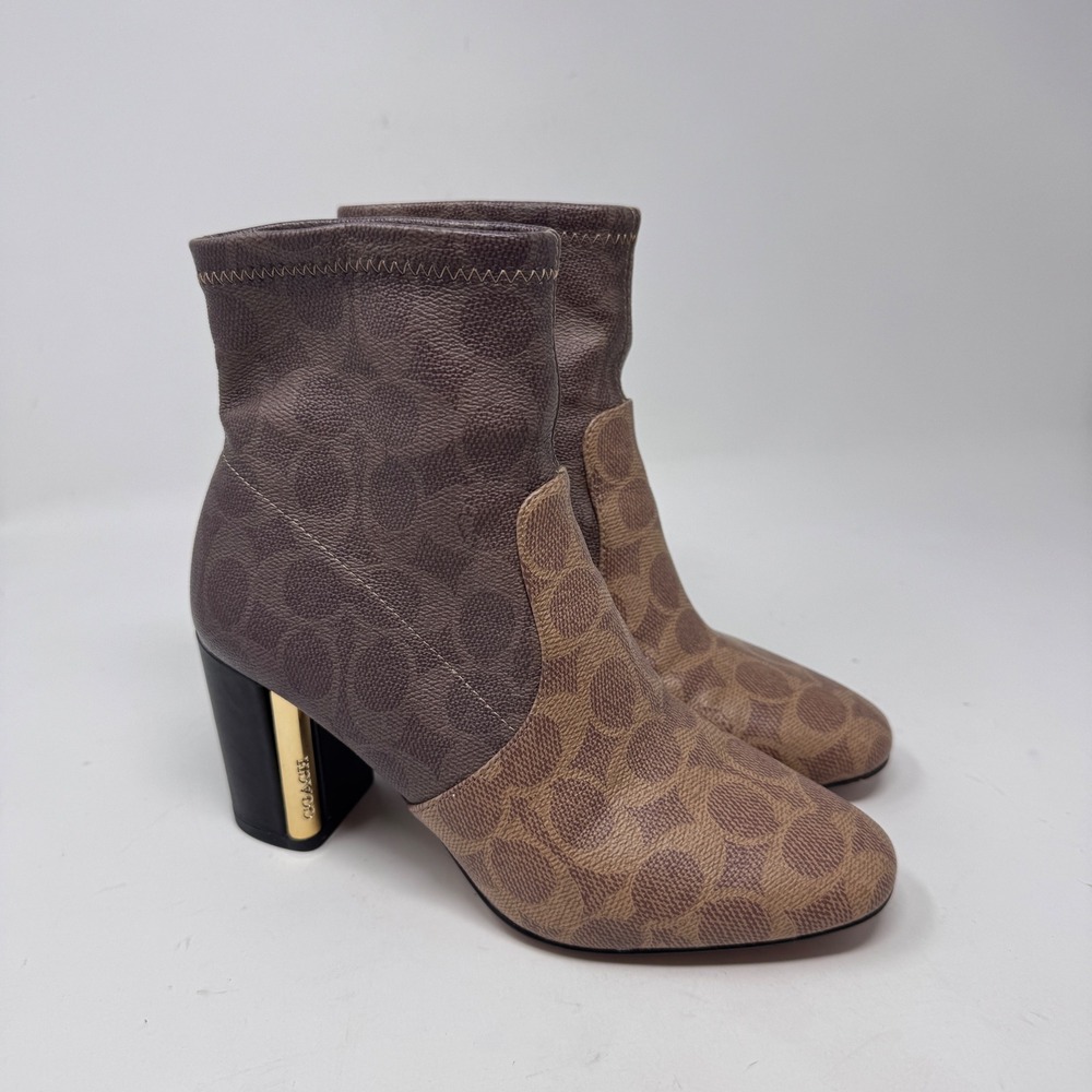 Coach Margot Signature Monogram Ankle Booties Brown Block Heel Size 6