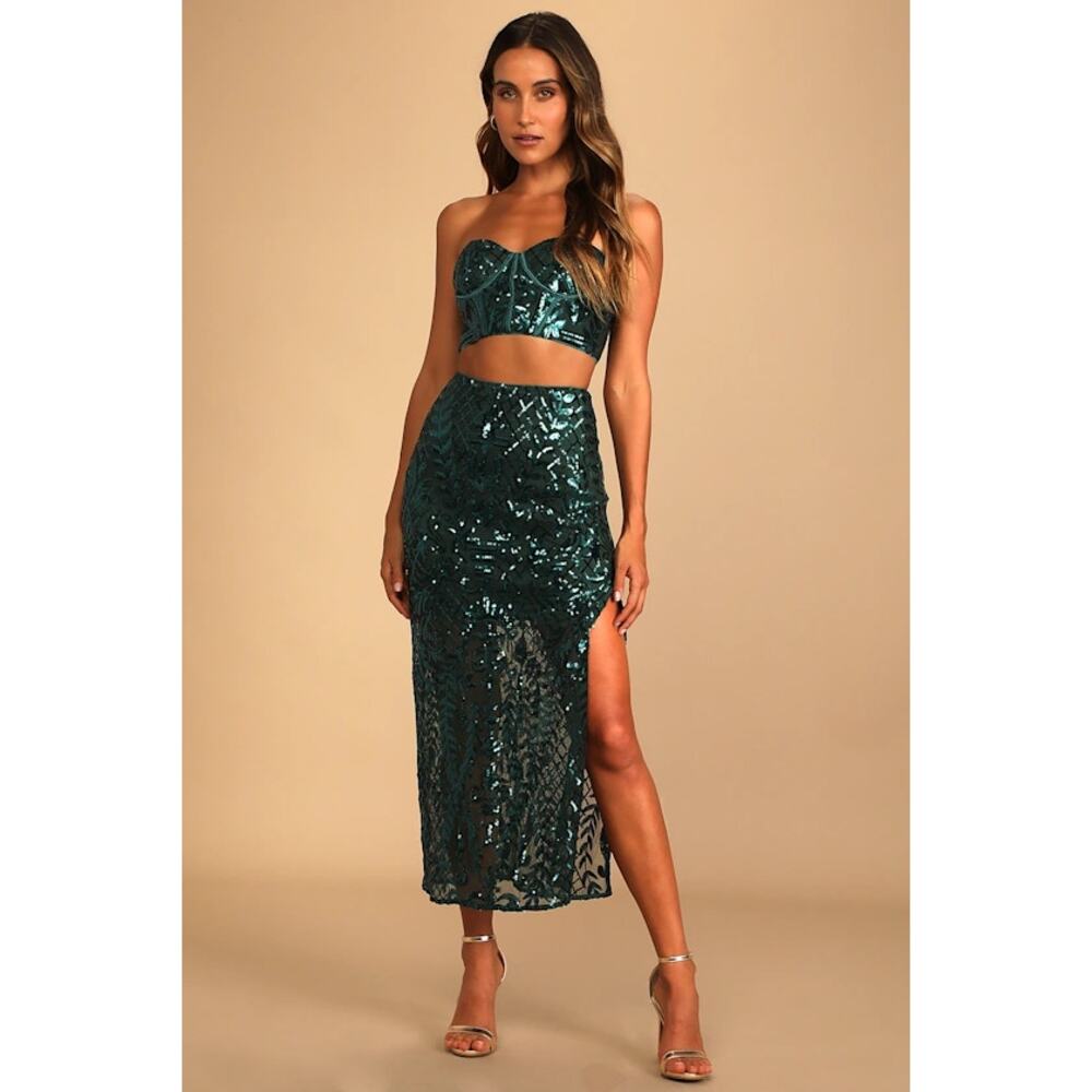 Lulu’s Skirt Womens Size Med Emerald Green Stunning Impression Sequin Midi Skirt