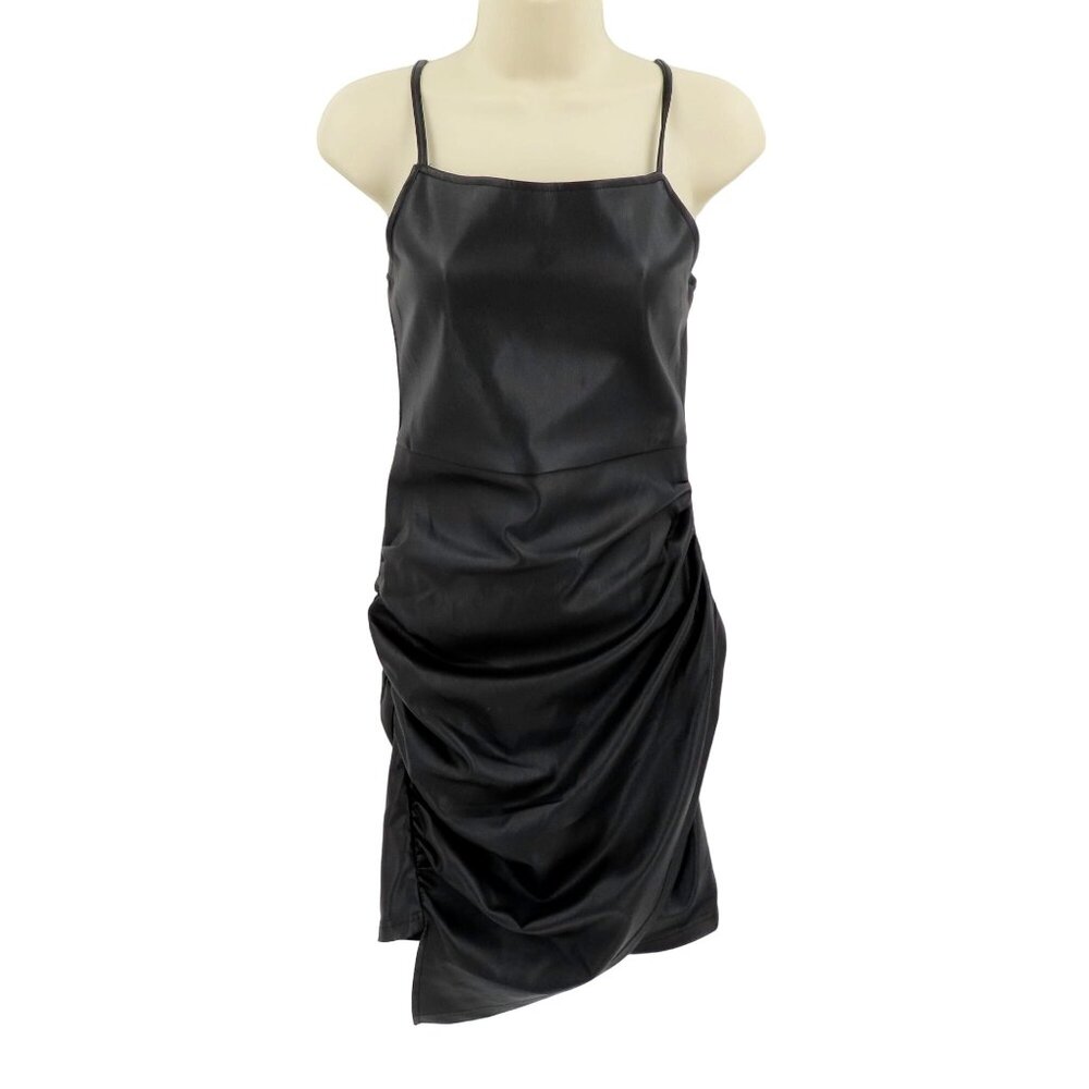 Akira Women Small Solid Black Faux Leather Spaghetti Strap Ruched Cocktail Dress