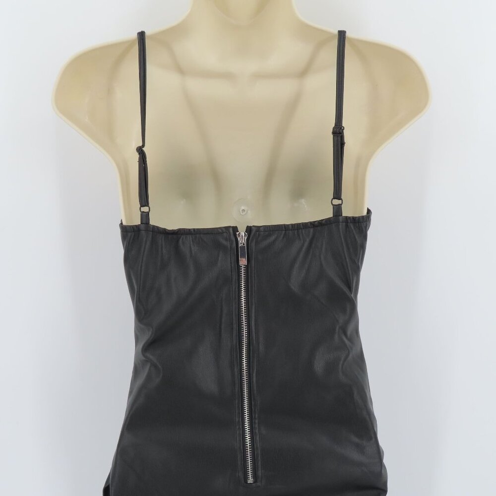 Akira Women Small Solid Black Faux Leather Spaghetti Strap Ruched Cocktail Dress - Picture 5 of 10