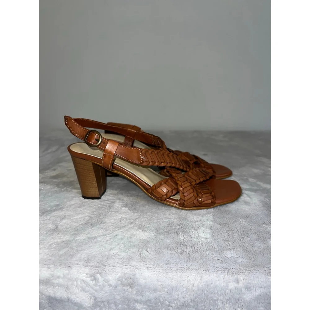 Women's David Tate Brown Woven Leather Block Heel Sandals Size 9 - Picture 1 of 7