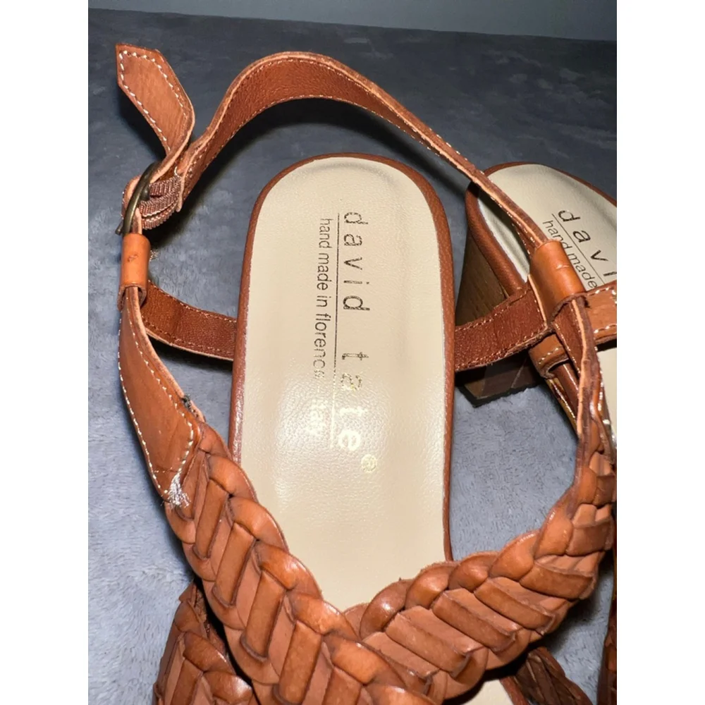 Women's David Tate Brown Woven Leather Block Heel Sandals Size 9 - Picture 3 of 7