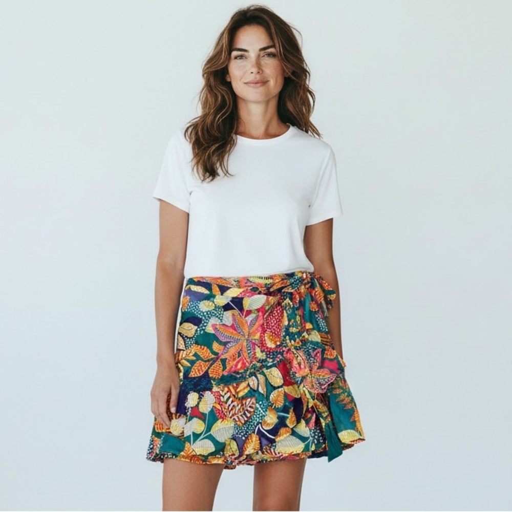 Cynthia Rowley 100% Cotton Tropical Floral Multicolor Wrap Ruffle Skirt