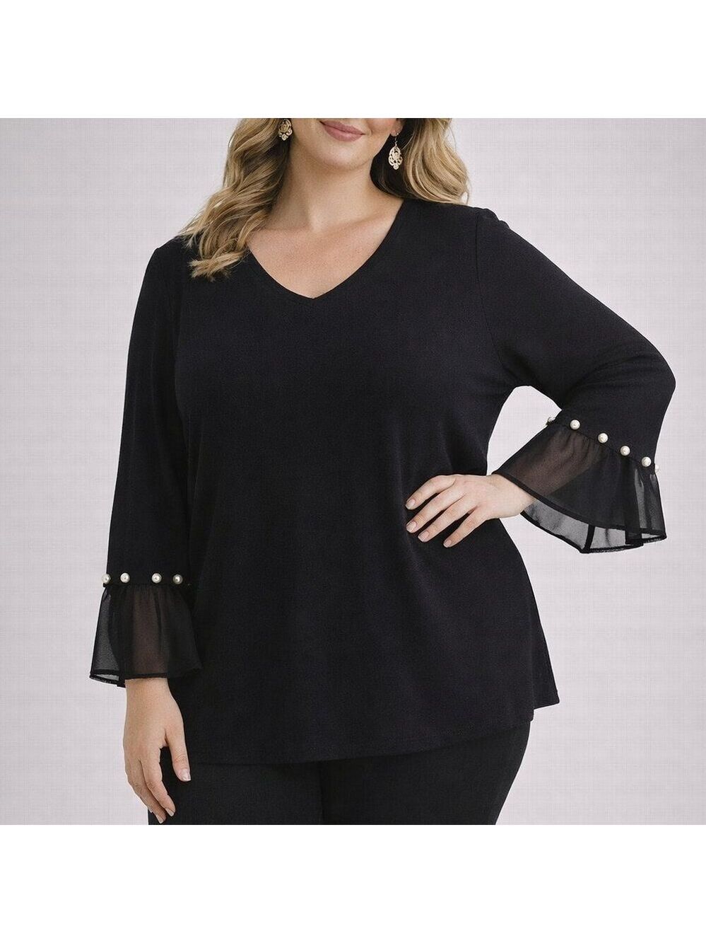 Womens Plus | Cato Black Long Sleeve Top with Pearl Details| BB215Q