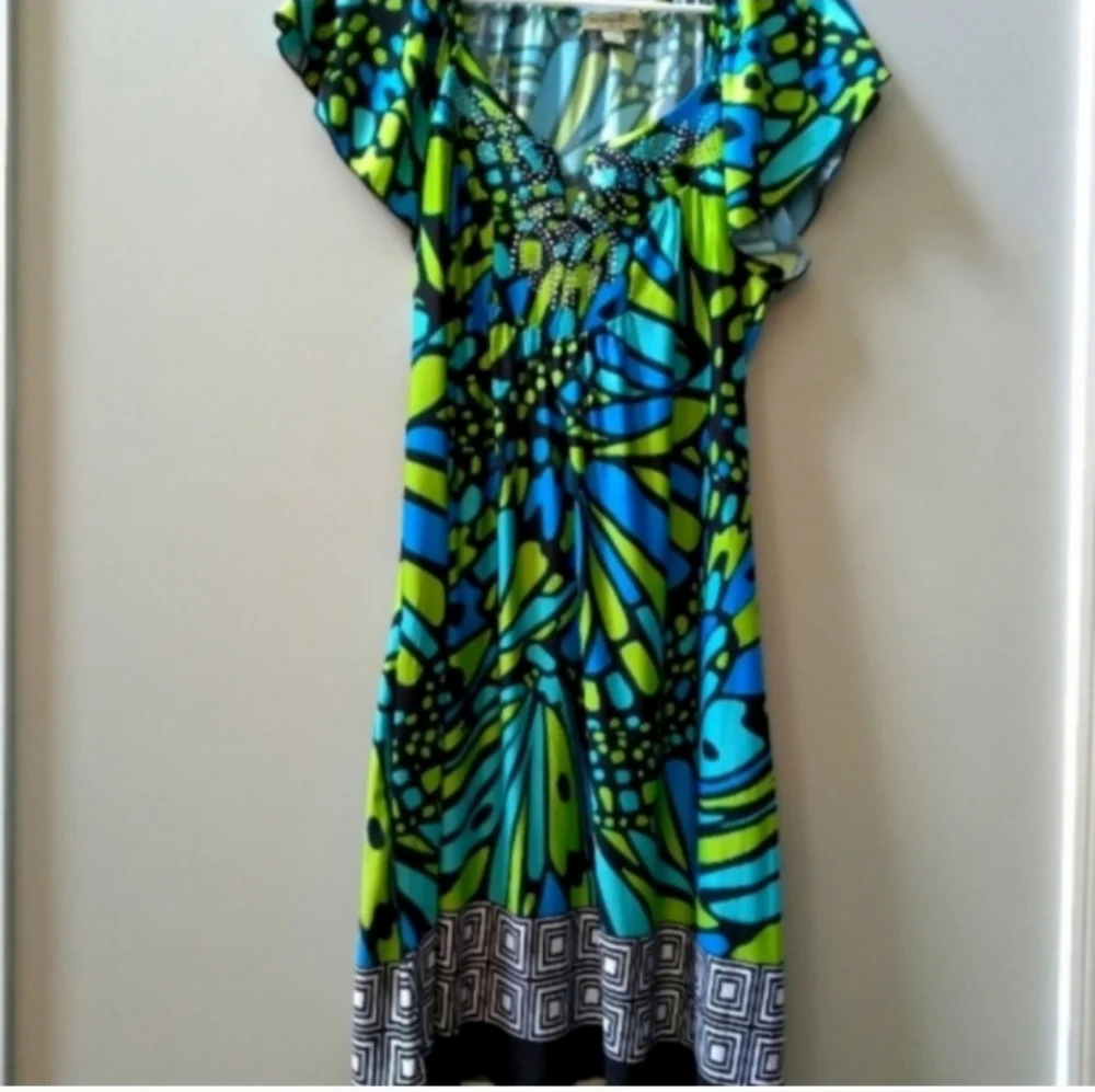 ONE WORLD Blue and Green Midi Dress - Picture 1 of 4