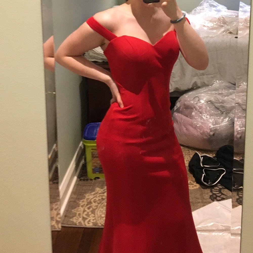 Abby Paris red off the shoulder flared prom dress