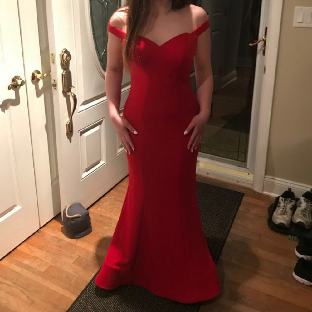 Abby Paris red off the shoulder flared prom dress - Picture 2 of 4