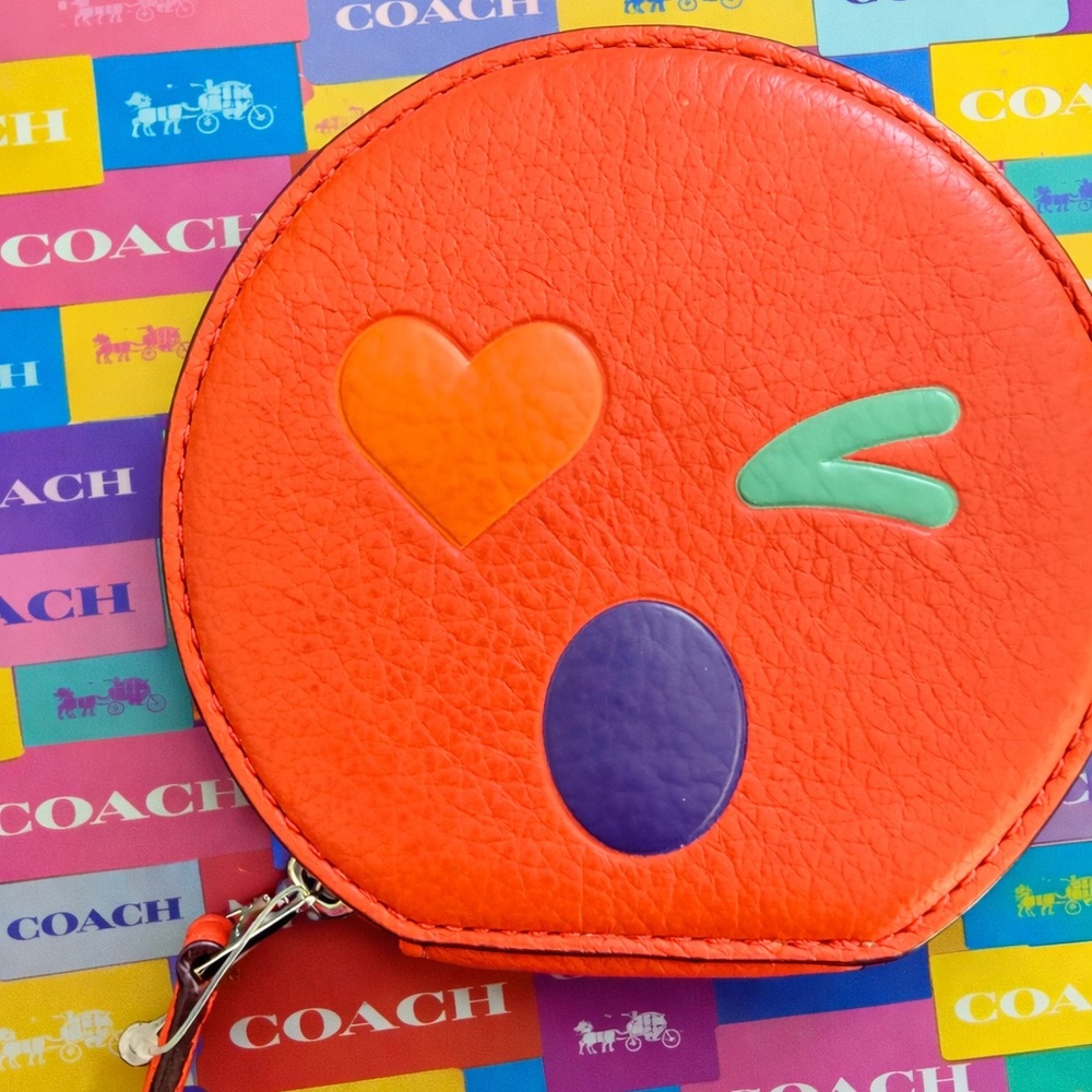 Coach Red Leather Emoji Face Coin Purse Zip Pouch Key Ring NWOT