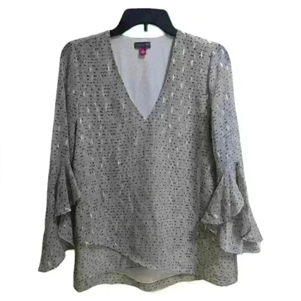 X02  vince camuto gold 3/4 flutter sleeve v neck  criss cross tunic  blouse top
