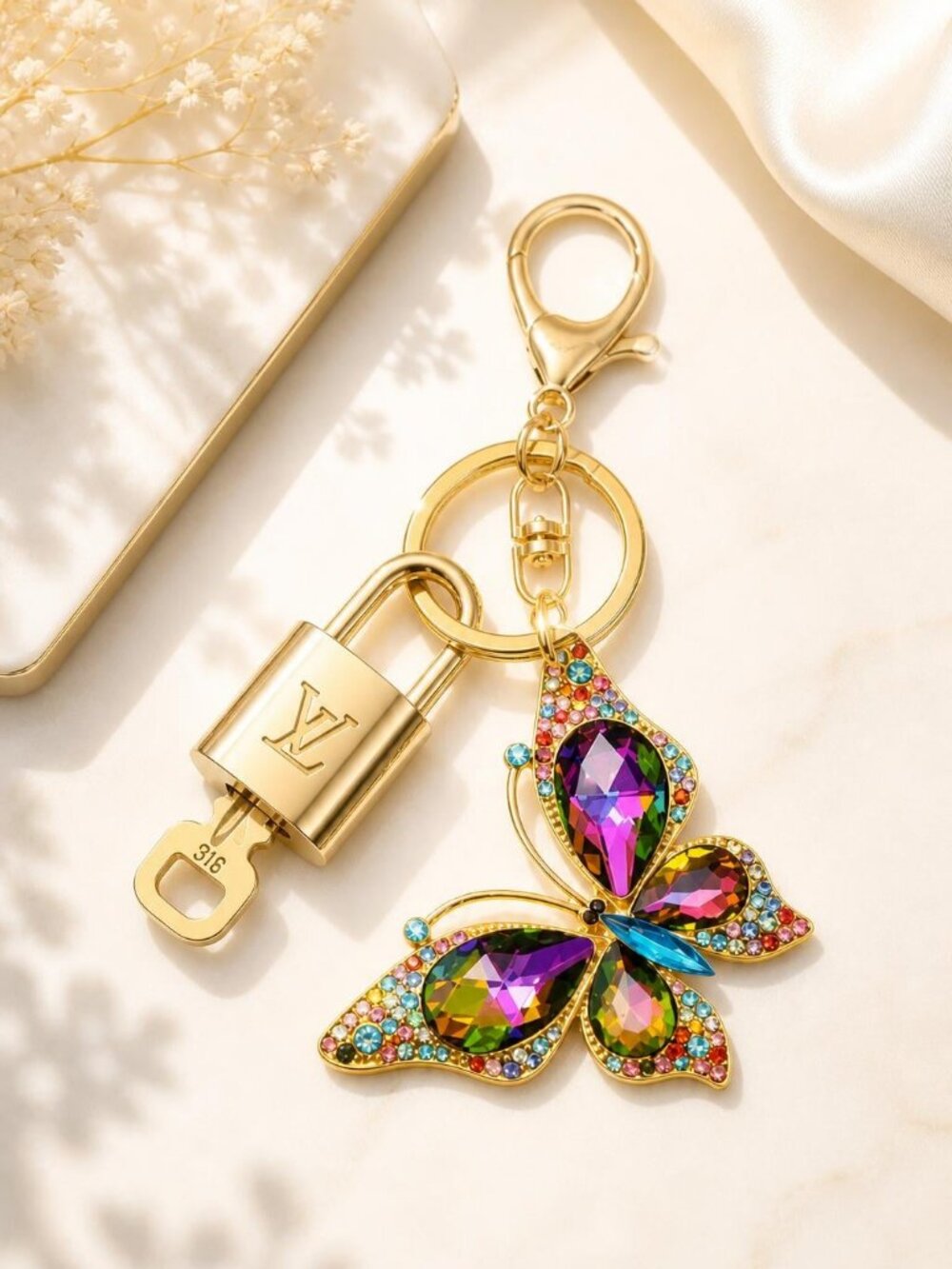 Authentic LV Gold Padlock & Key 🔑 Bag Charm / Unbranded Butterfly Charm Combo