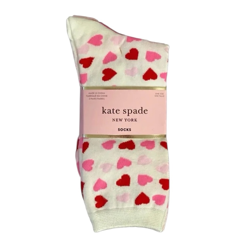 2 Pairs Kate Spade Red and Pink Heart Crew Socks - Picture 2 of 8