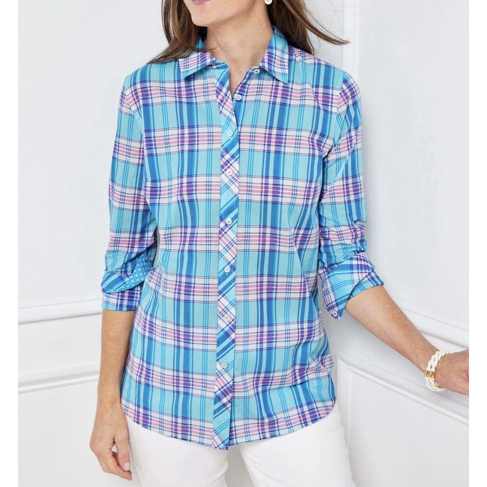 Talbots Blue Pink Plaid Button Down Shirt Womens Plus Sz 2X Long Sleeve Top New