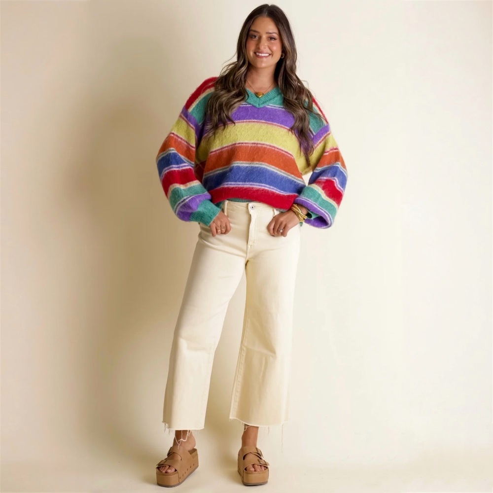 POL Multicolor Striped V-Neck Sweater Women’s Size Large - Picture 4 of 8