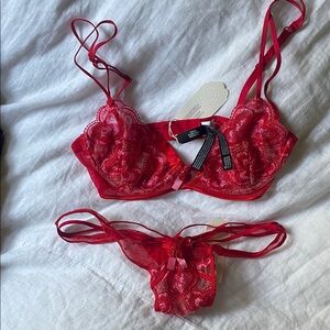 For Love And Lemons Red Lace Heartbeat Bra and thong set