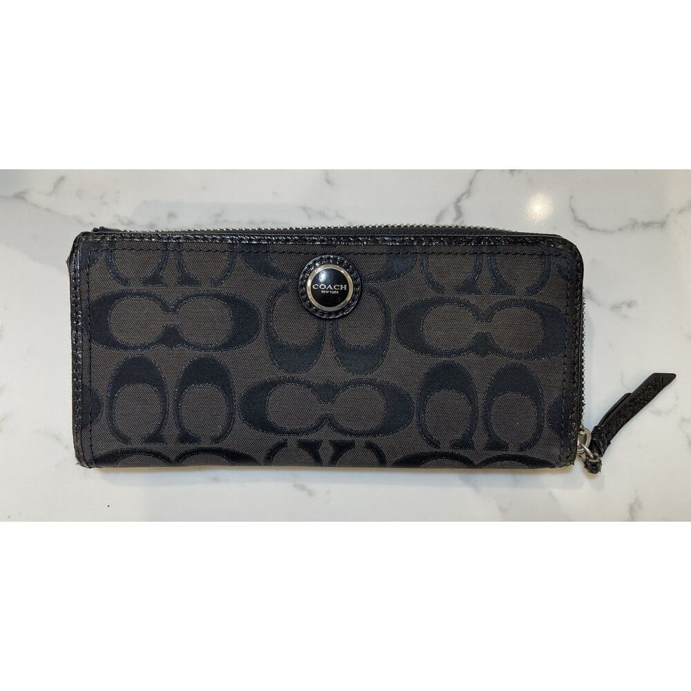 Coach Long Signature Logo Signature Zip Chocolate Brown Canvas Wallet Clutch
