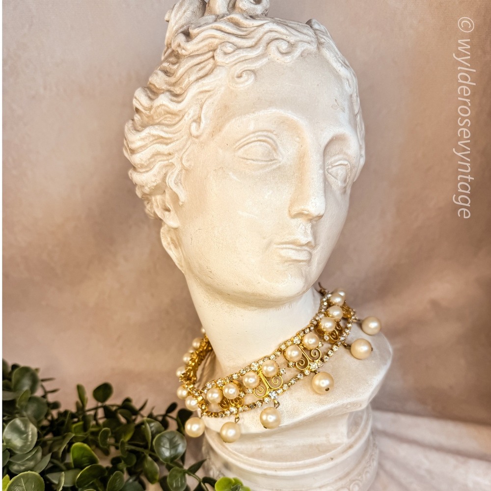French Diamanté Pearl Gold Tone Fringe Collar Necklace