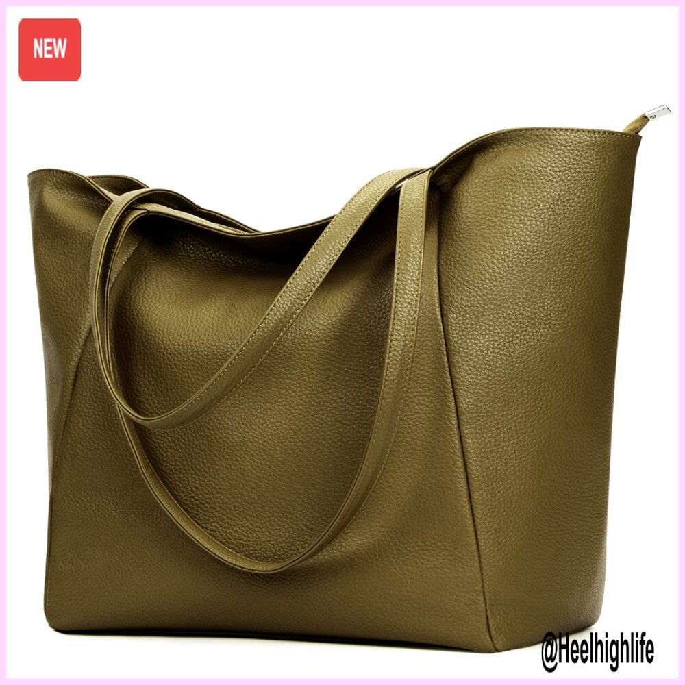 Large Vegan Leather Tote Bag with Zipper, Oversize Shoulder Purse for Work