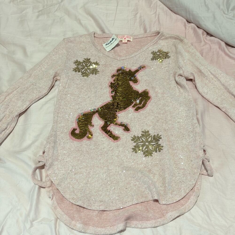 Poof Girl S pink lightweight top unicorn sequin flips gold to silver metalic not