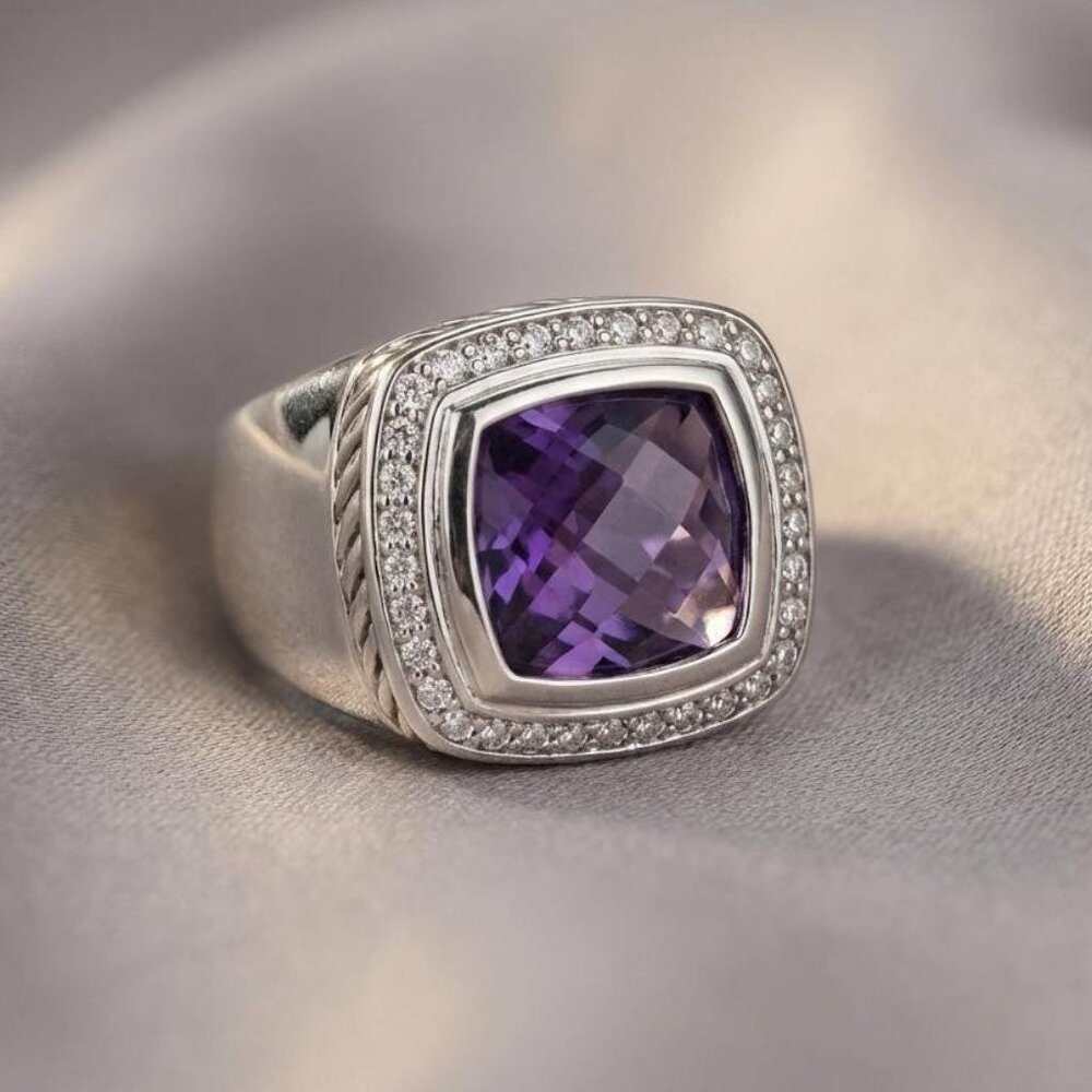 Purple Faceted Stone Silver Tone Ring CZ Halo Size 7