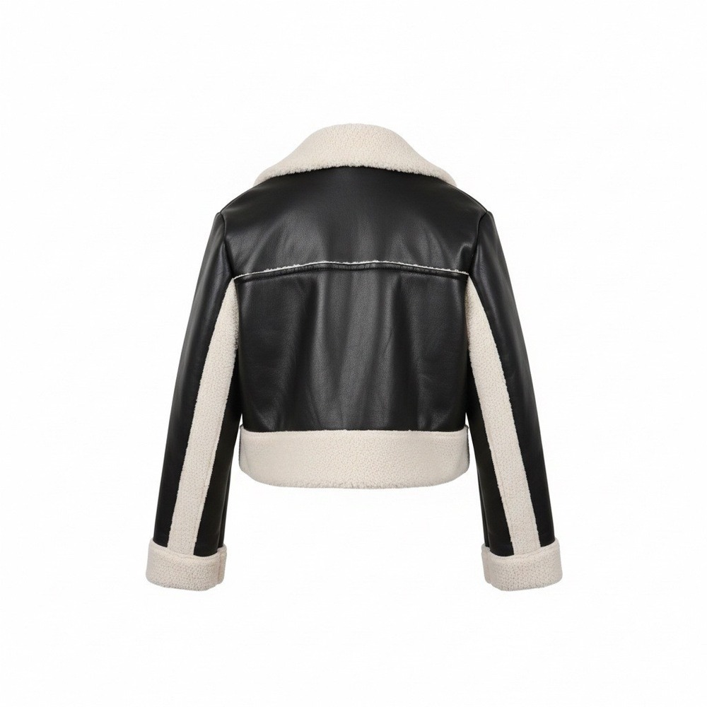Steve Madden Sherpa Moto Jacket Black Faux Leather Cropped Women's M NWT - Picture 2 of 7