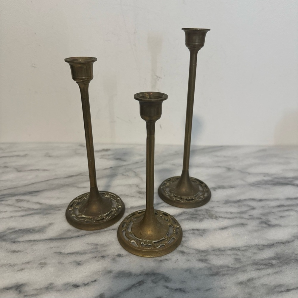 Elegant Brass Candle Holders set of three vintage
