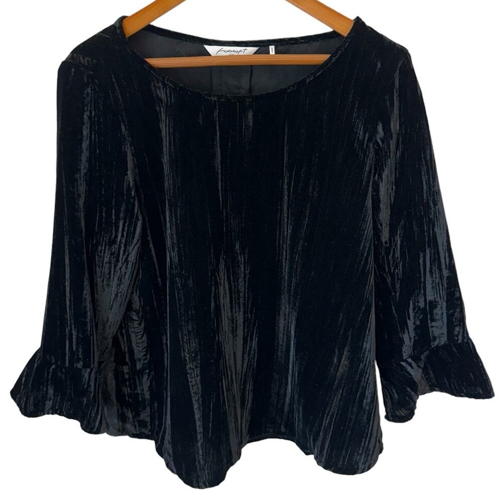 FOXCROFT Top Womens Large Black Soft Crushed Velvet Flounce Sleeve