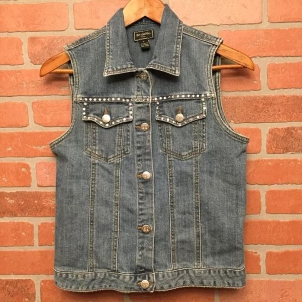 Bit & Bridle Womens Denim Vest Beaded Jeweled Size M Western Cowgirl Bling