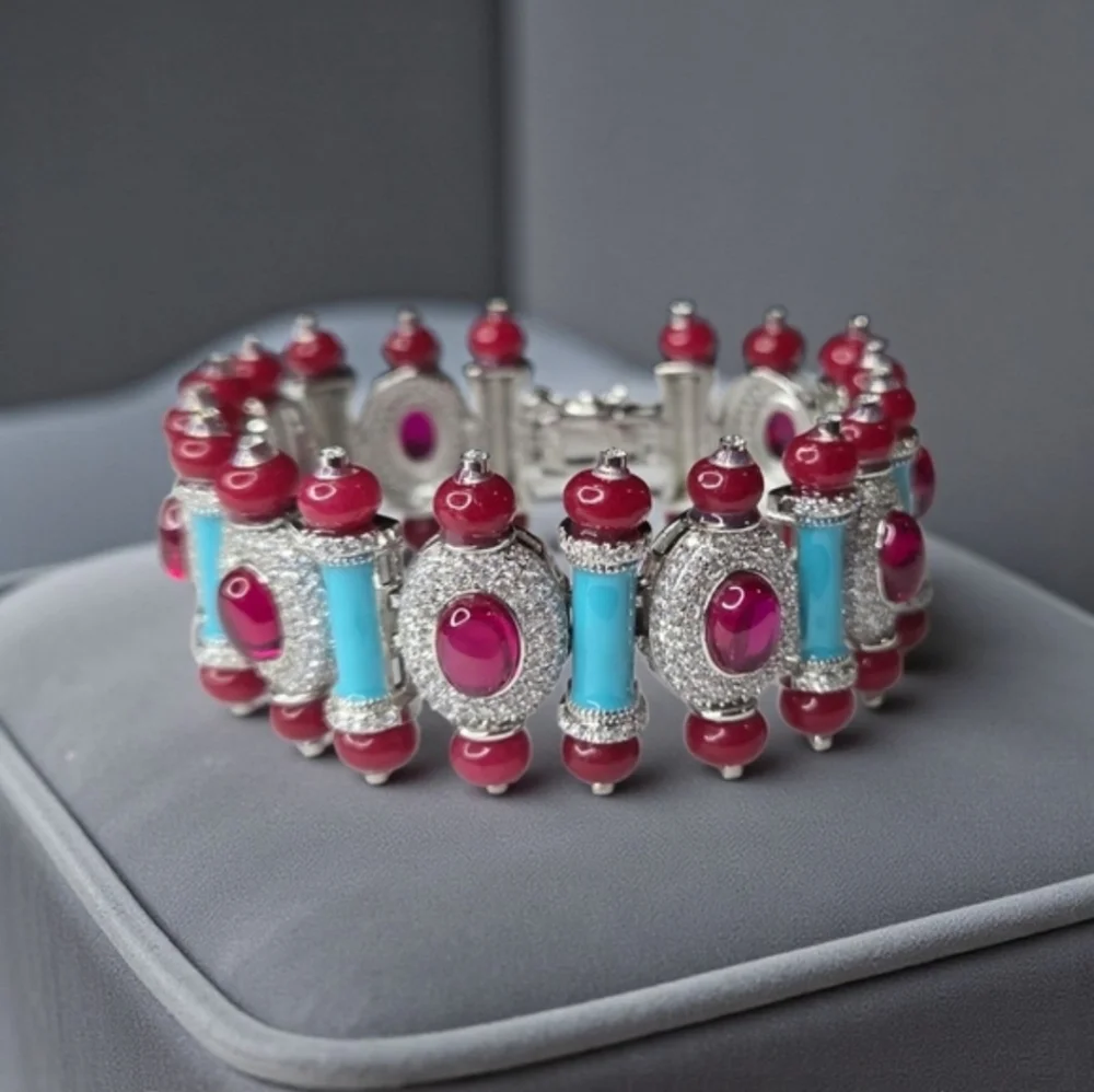 Exquisite Silver Oval Ruby Glass Cabochon Turquoise Enamel Pave Crystal Bracelet - Picture 1 of 6