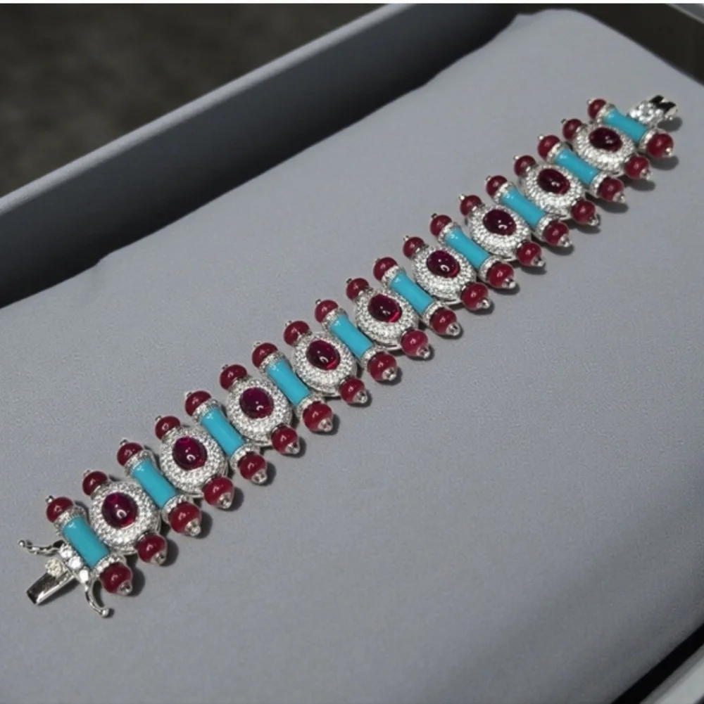 Exquisite Silver Oval Ruby Glass Cabochon Turquoise Enamel Pave Crystal Bracelet - Picture 4 of 6