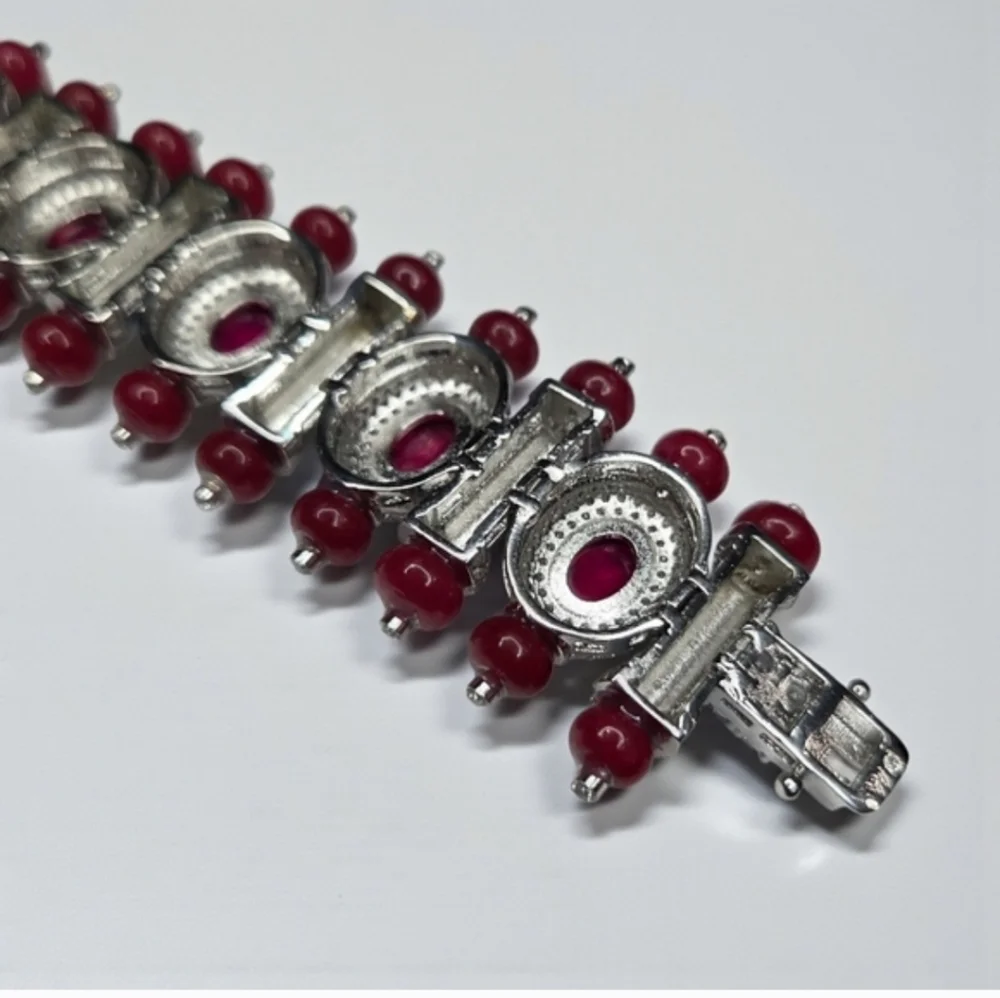 Exquisite Silver Oval Ruby Glass Cabochon Turquoise Enamel Pave Crystal Bracelet - Picture 5 of 6